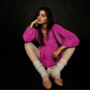 free people pink corduroy babydoll mini dress pockets button size s NEW